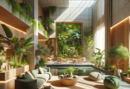 A cozy living room filled with lush indoor plants, natural wood furniture, and sunlight streaming through large windows, embodying the essence of Biophilic Interior Design.